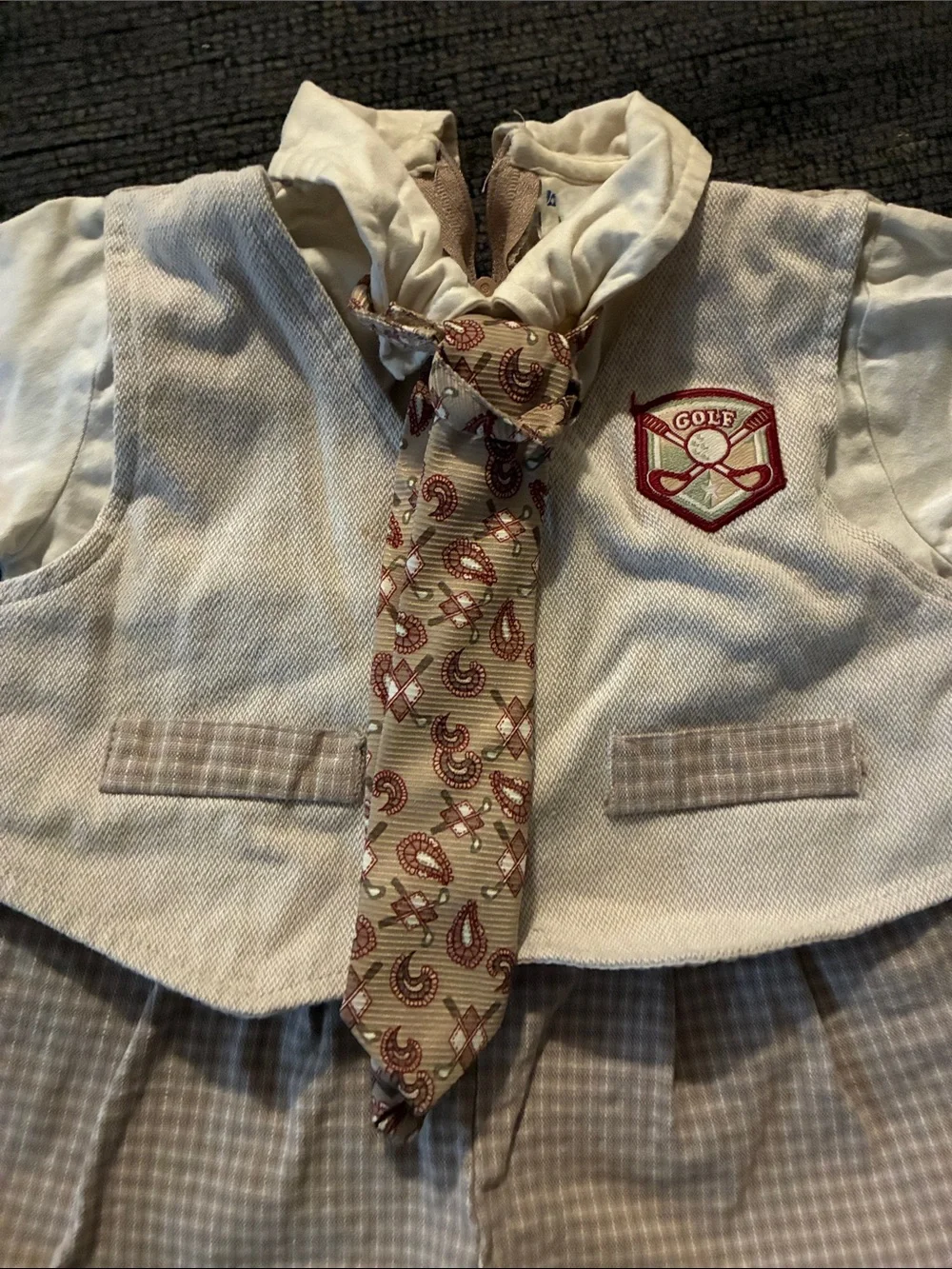 Vintage Boys Golf Romper with tie with checkered pattern